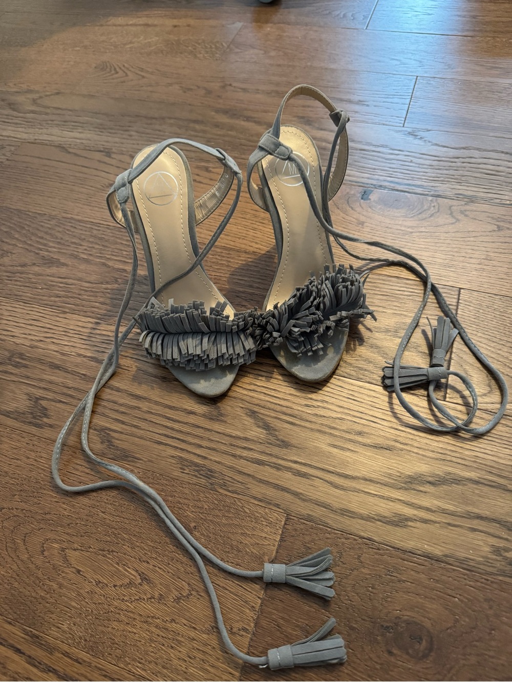 Fringe Lace-Up Heeled Sandals - Gray